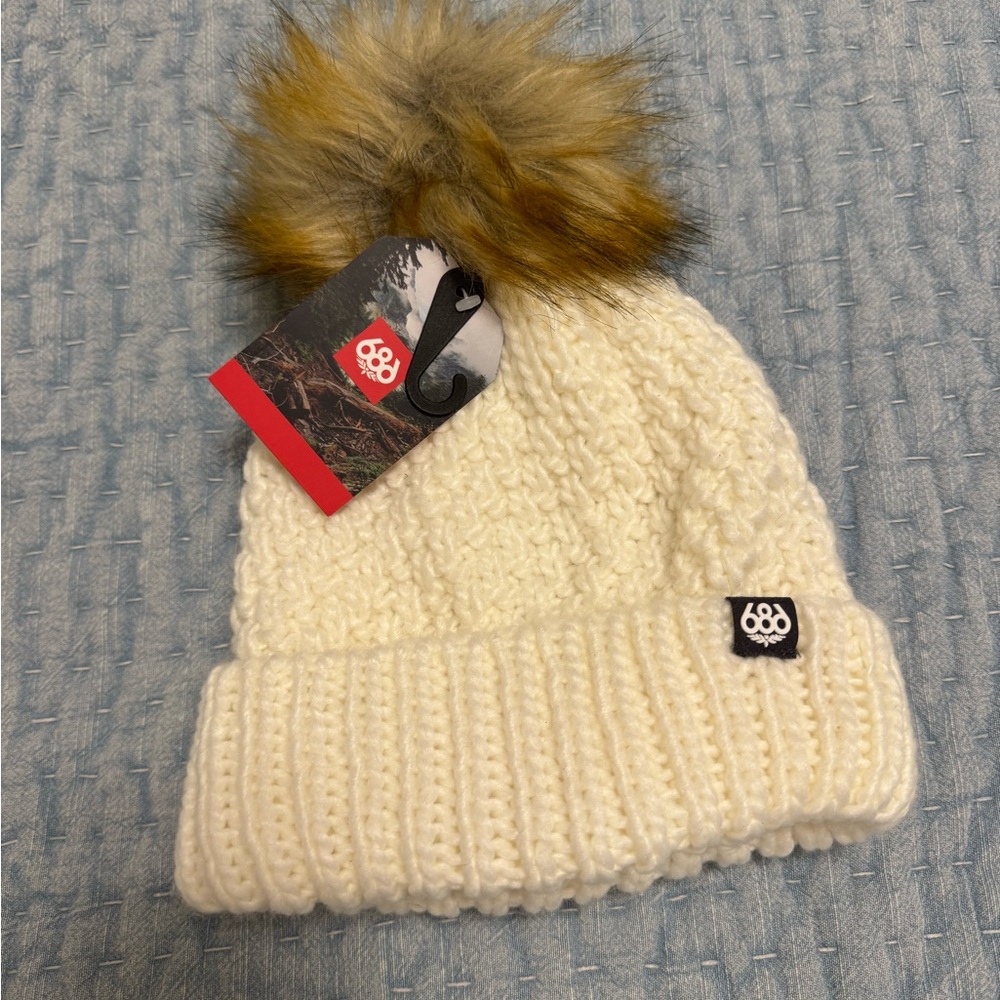 686 Cream and Brown Knit Pom Pom Hat